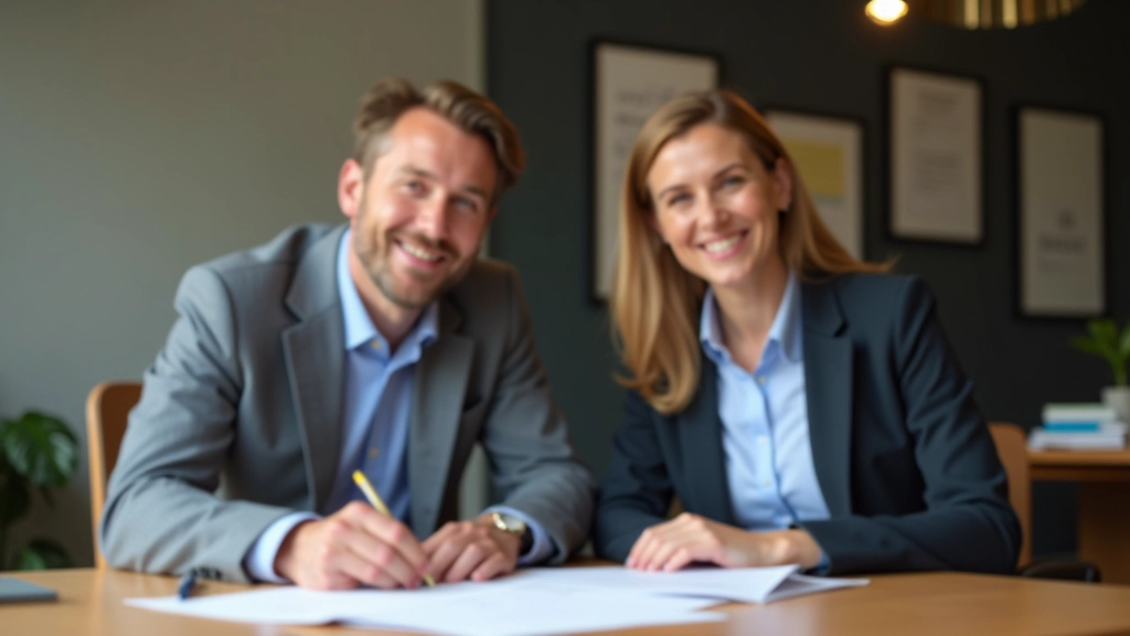 Ehepaar unterzeichnet Kreditvertrag mit Notar bei Notartermin für Immobilienerwerb