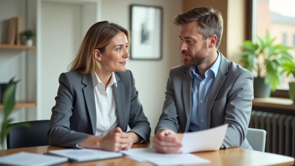 Paar mittleren Alters sitzt mit Laptop und Dokumenten am Tisch und bespricht Finanzplanung