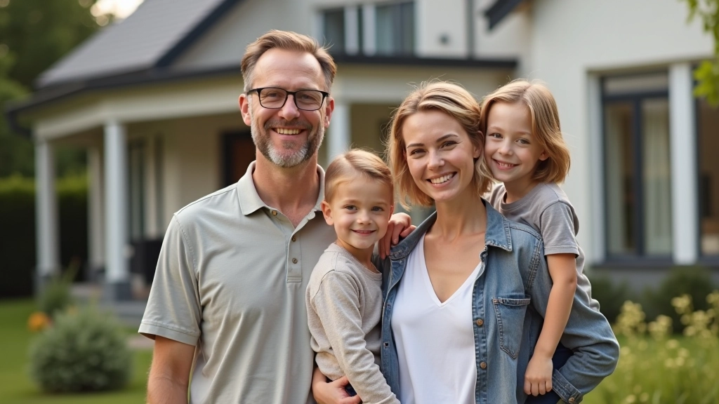 Familie vor ihrem neuen Haus, glücklich und stolz stehend