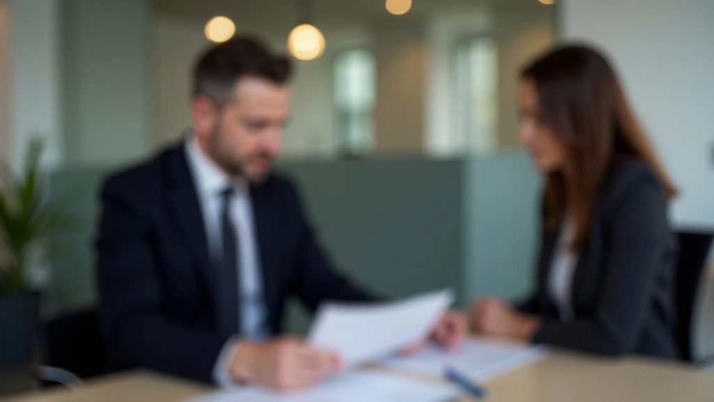 Beratungsgespräch zwischen Bankberater und Ehepaar am Schreibtisch mit Kreditunterlagen