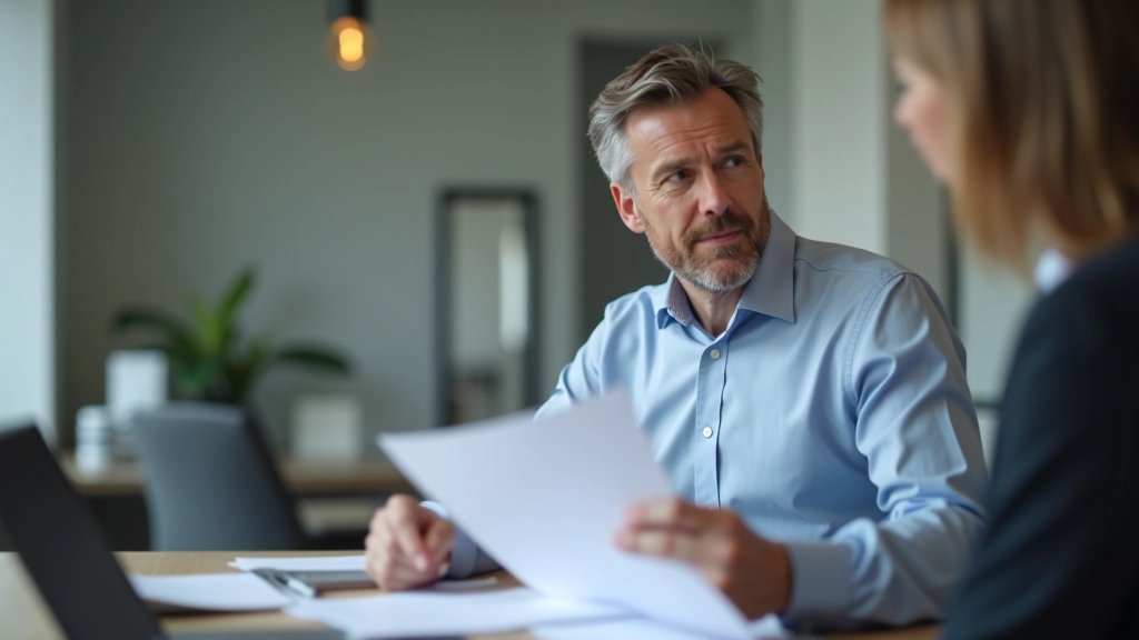 Mann sitzt am Schreibtisch und bespricht Hypothekenoptionen mit einem Finanzberater