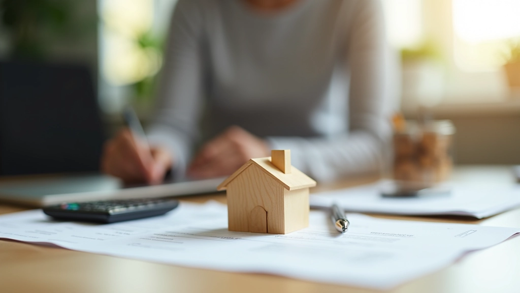 Modell eines Hauses neben Dokumenten und Taschenrechner auf Schreibtisch