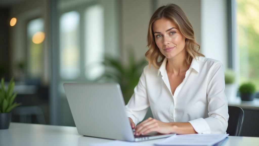 Frau am Schreibtisch mit Dokumenten, Taschenrechner und Laptop, konzentriert auf Finanzplanung