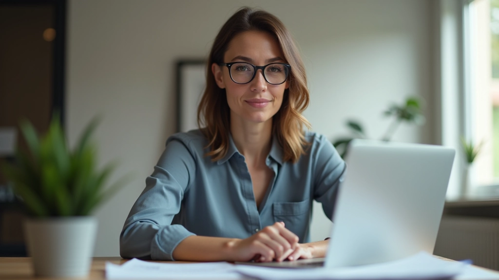Frau mit Brille sitzt am Laptop und studiert Kreditdokumente